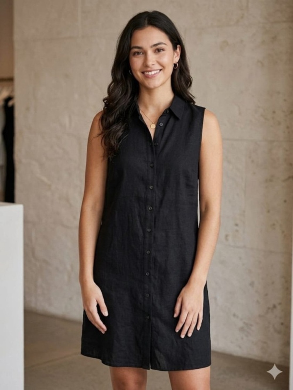 Garnet Hill Black Sleeveless Button-Front Linen Shirt Dress Size 8